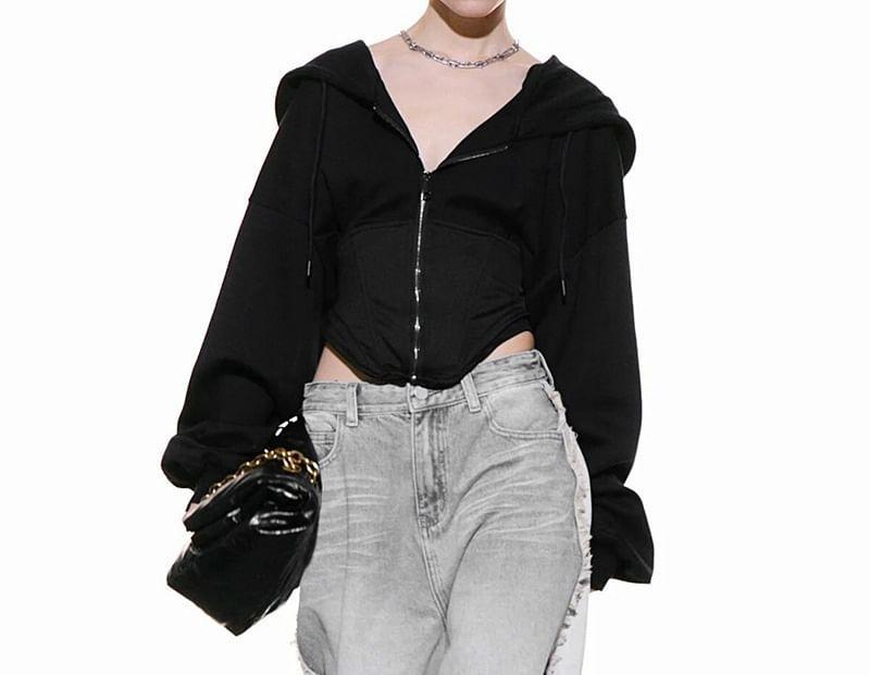 Plain Zip-Up Crop Hoodie Product Image