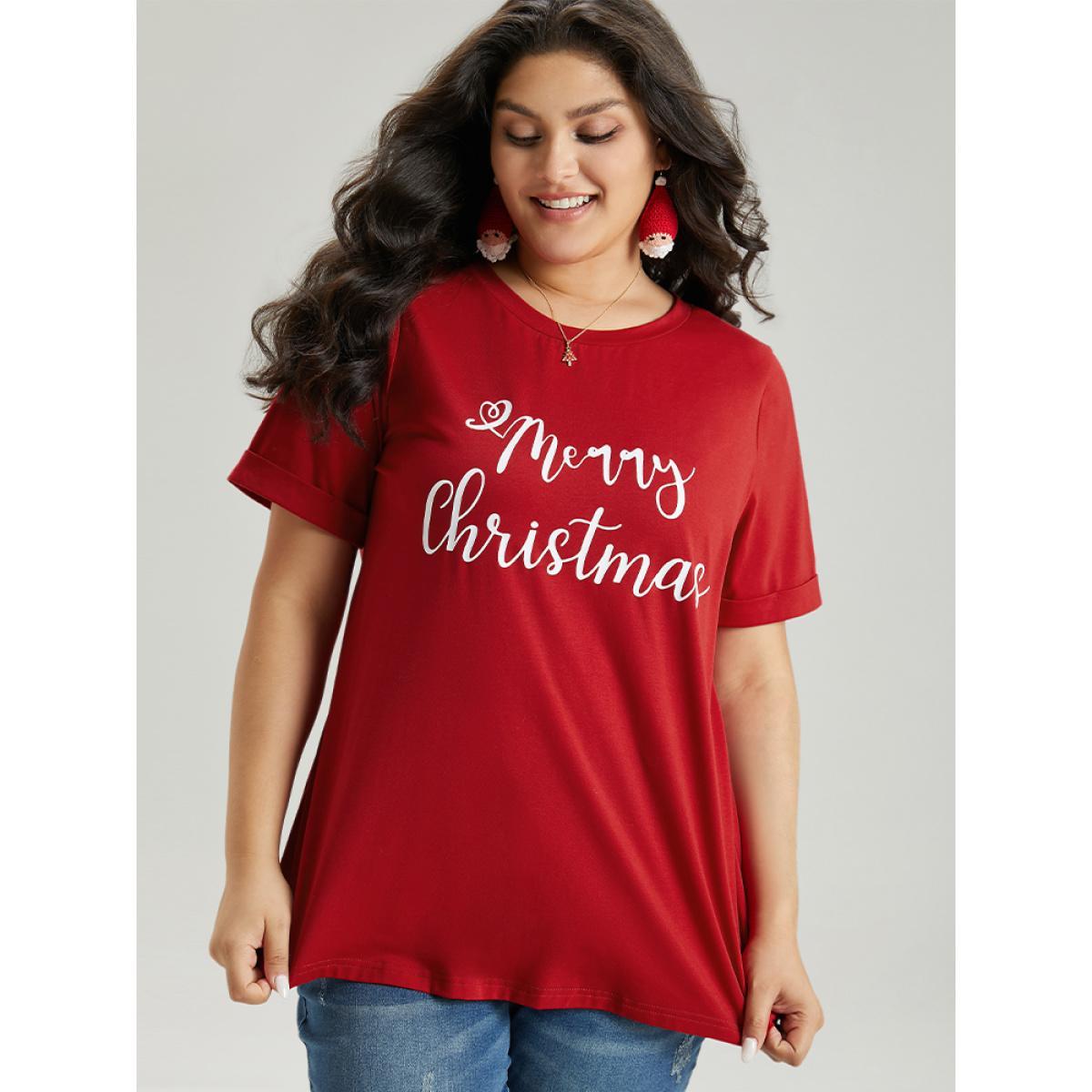 Plus Size Christmas Print Round Neck T-shirt Red Women Casual Printed Christmas Festival-Christmas T-shirts BloomChic 22-24/3X Product Image