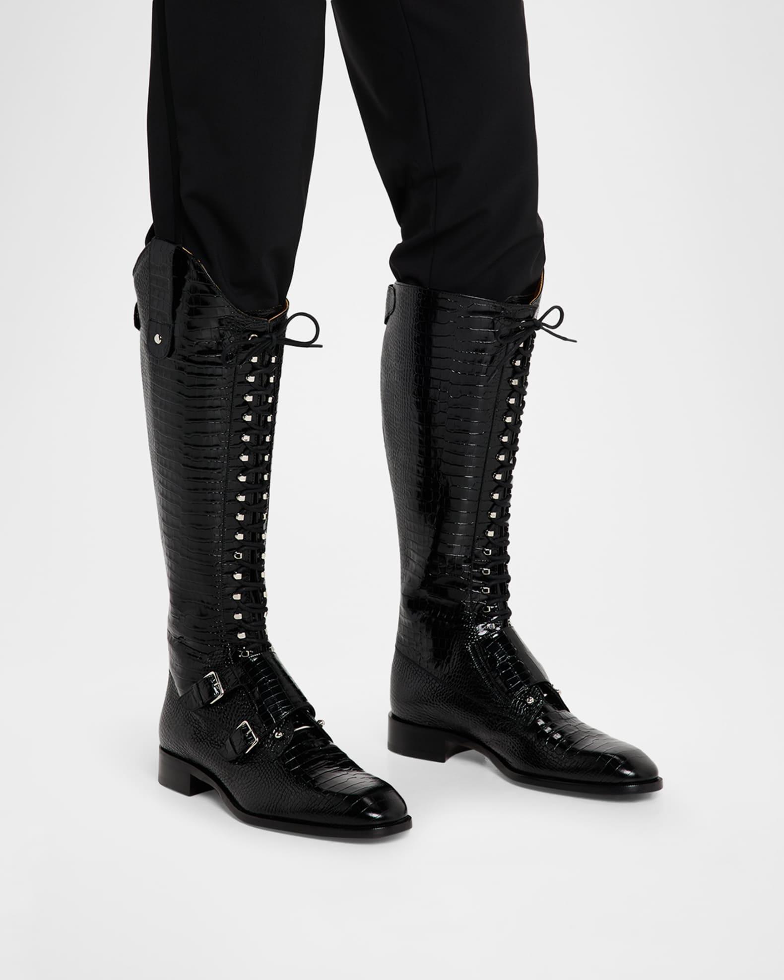 Men's Croc-Effect Leather Knee-High Boots Product Image