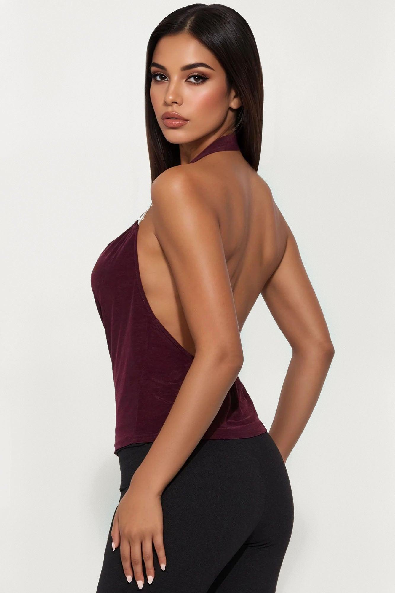 90's Sass Cowl Neck Halter Top - Burgundy Female Product Image