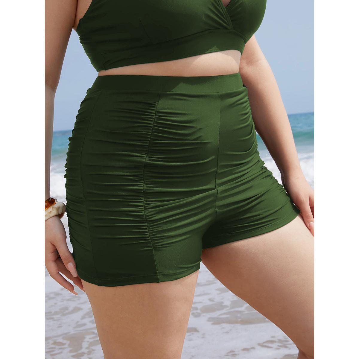 Plus Size Solid High Waist Ruched Detail Swim Shorts Women's Swimwear ArmyGreen Beach Gathered High stretch Skinny High Rise Curve Swim Bottoms BloomChic 18-20/2X Product Image