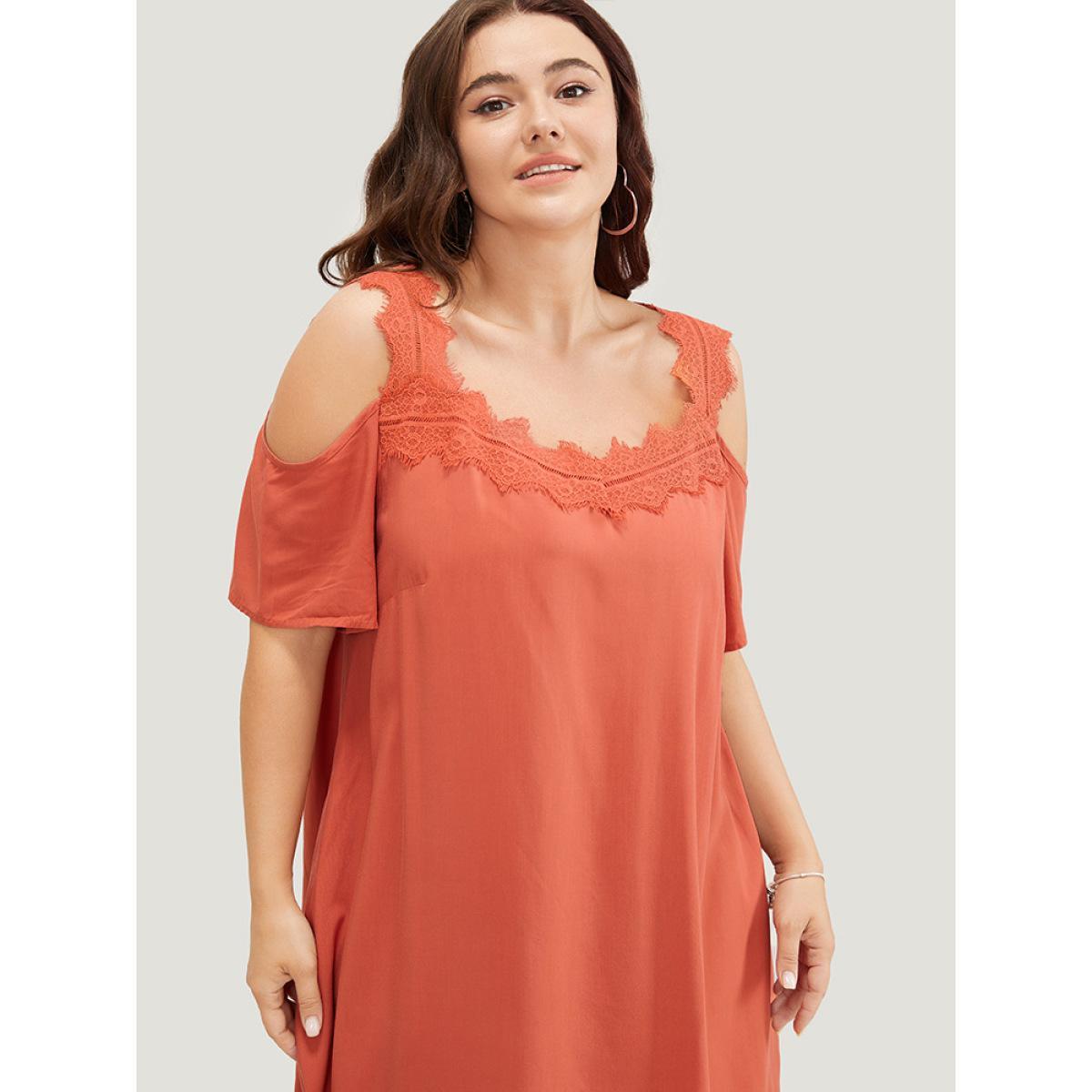 Plus Size Solid Contrast Lace Pocket Cold Shoulder Midi Dress Coral Women Casual Lace Cold Shoulder Short sleeve Curvy Midi Dress BloomChic 18-20/2X Product Image