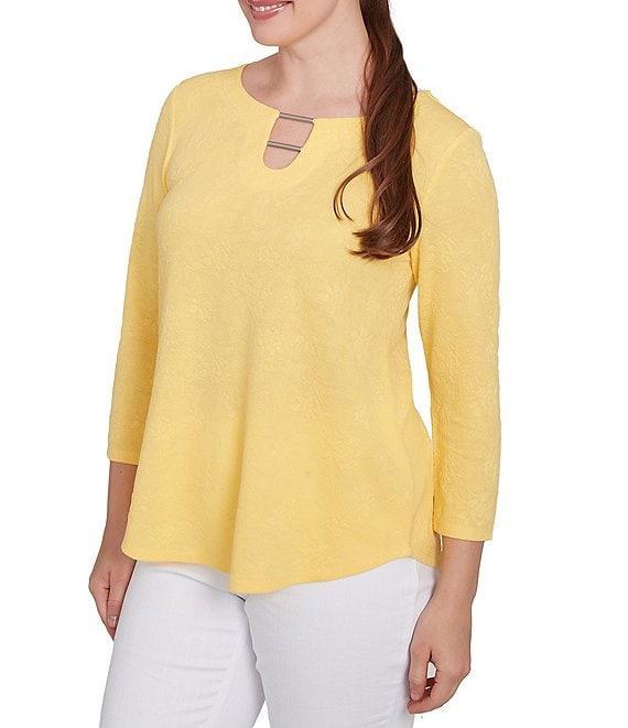 Ruby Rd. Petite Size Solid Paisley Floral Textured Knit Double Bar Detail Top Product Image