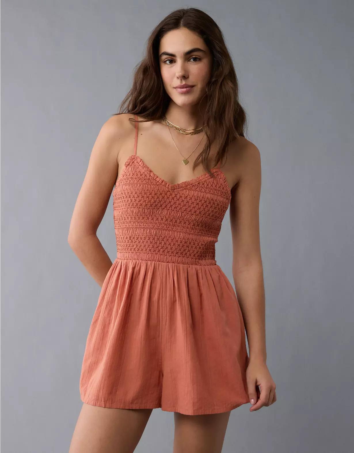 AE Textured Smocked V-Neck Romper Product Image