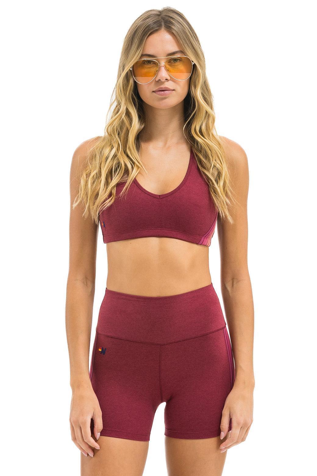 5 STRIPE 4 INCH HI-RISE BIKER SHORT - BERRY Female Product Image
