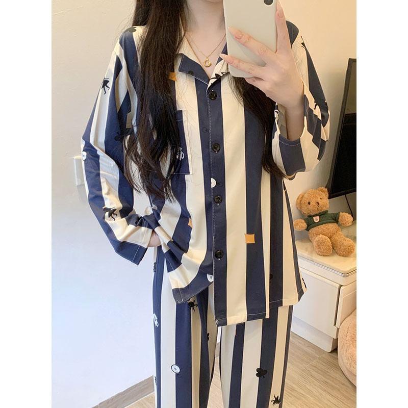 Pajama Set: Long-Sleeve Striped Shirt + Pants Product Image