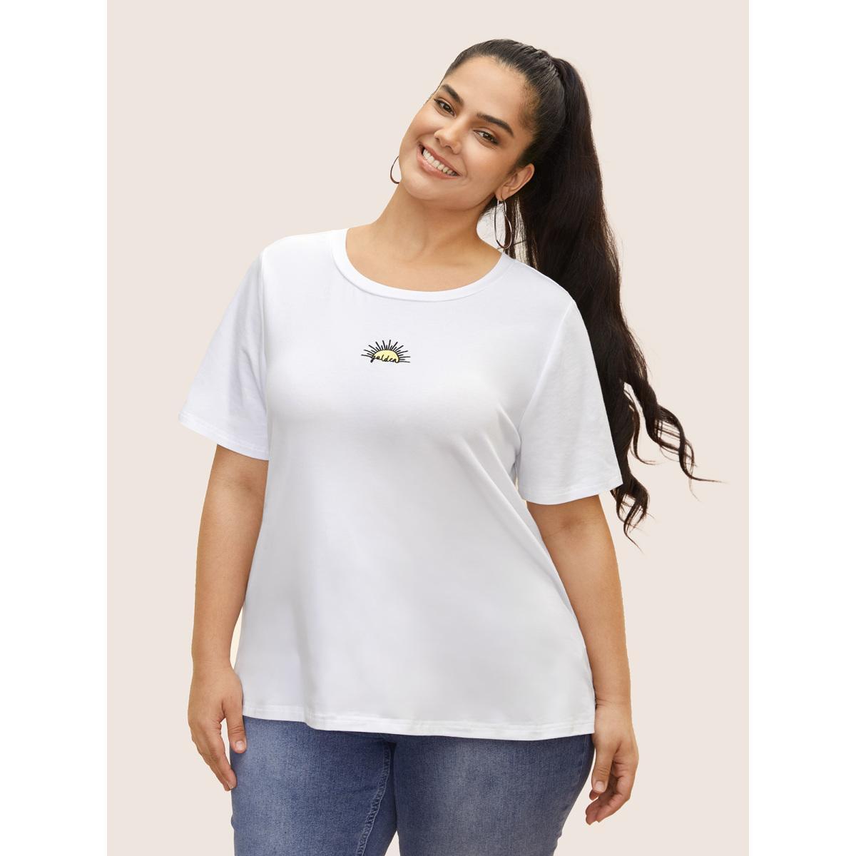 Plus Size Cotton Sun Embroidered Round Neck T-shirt Originalwhite Women Casual Contrast Art&design Round Neck Everyday T-shirts BloomChic 26/4X Product Image
