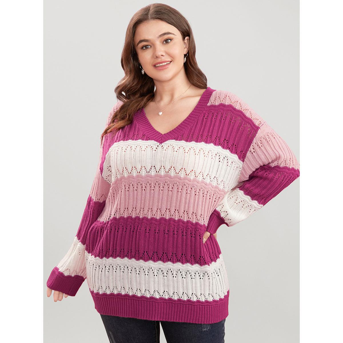Plus Size Colorblock Contrast Pointelle Knit Cut Out V Neck Knit Top Multicolor Women Casual Loose Long Sleeve V-neck Dailywear Pullovers BloomChic 28/5X Product Image