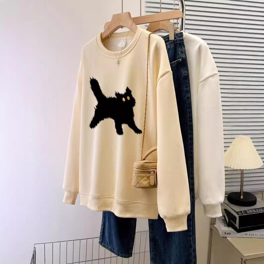 Crew Neck Cat Print Pullover Product Image