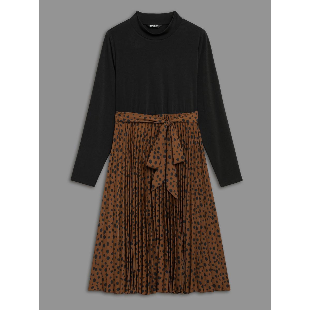 Plus Size Leopard Print Pleated Mock Neck Midi Dress Bronze Women At the Office Belted Mock Neck Long Sleeve Curvy BloomChic 26/4X Product Image