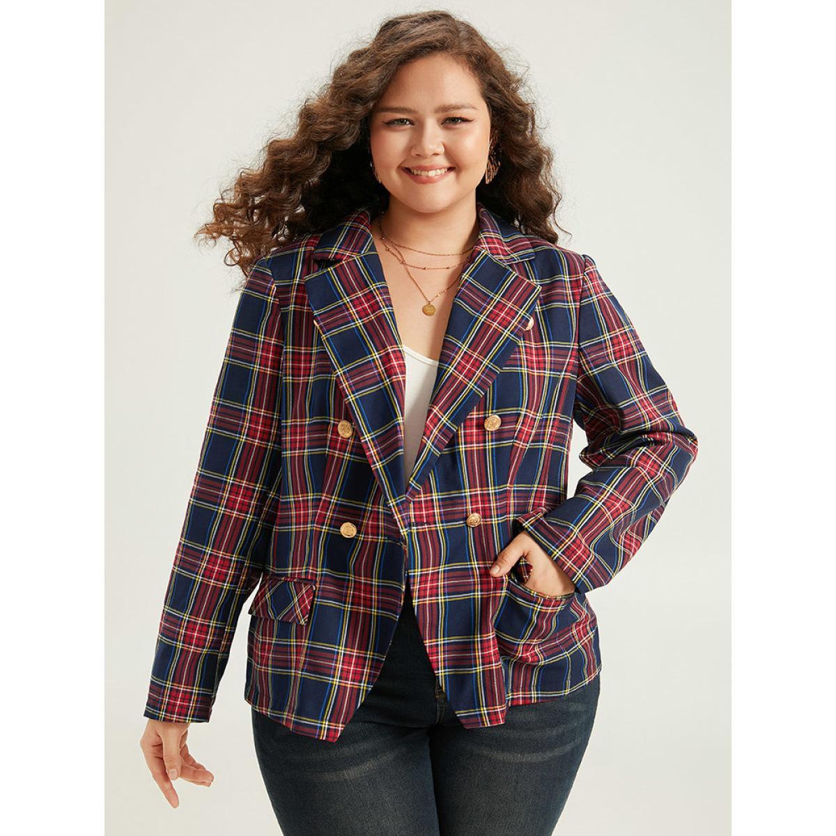 Plus Size Plaid Metal Detail Pocket Blazer Multicolor Women Dailywear Plaid Button Sleeve Long Sleeve Suit Collar 14-16/1X Pocket Casual Blazers BloomChic Product Image