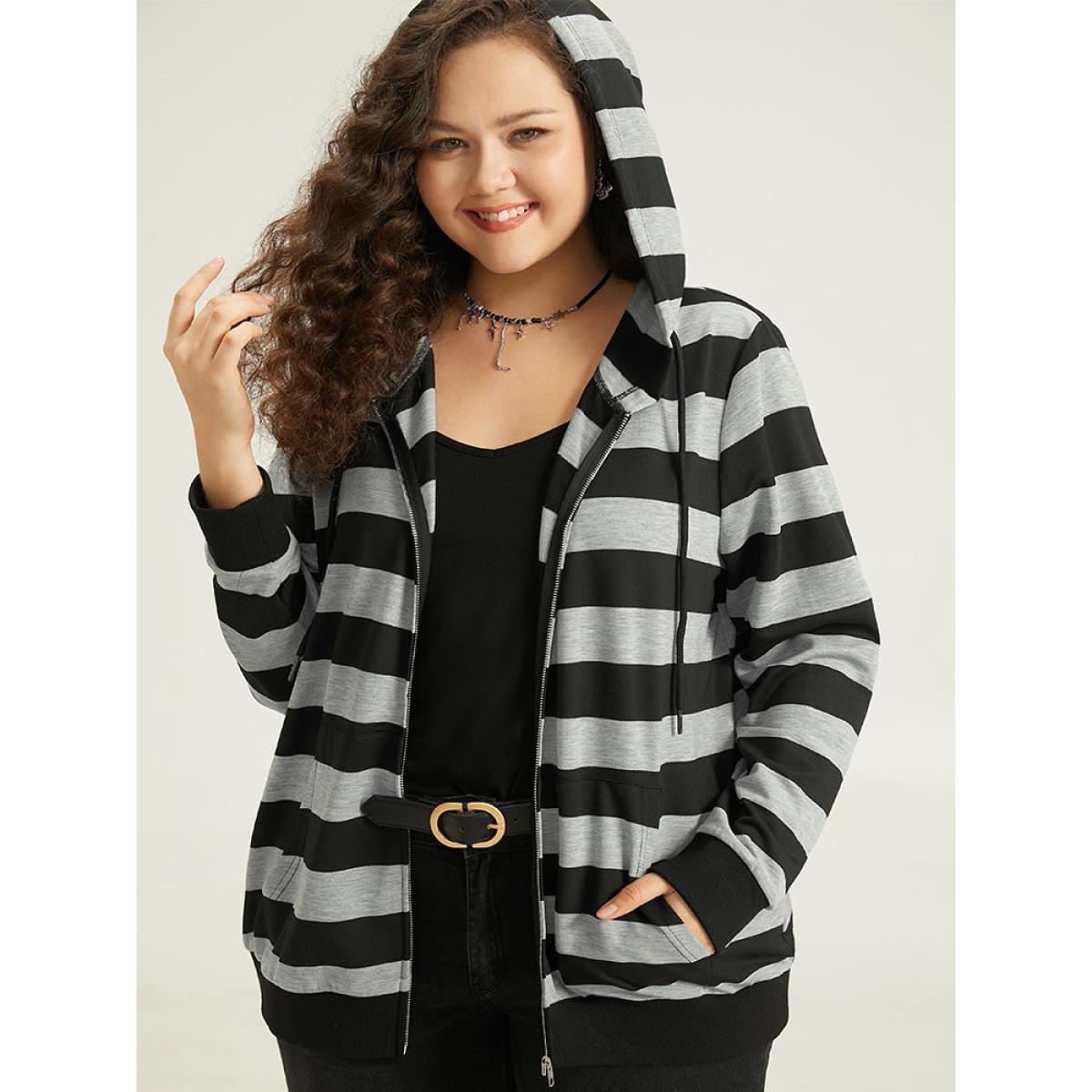 Plus Size Striped Hooded Pocket Zipper Sweatshirt Women Black Casual Elastic cuffs Hooded Festival-Halloween Sweatshirts BloomChic 22-24/3X Product Image