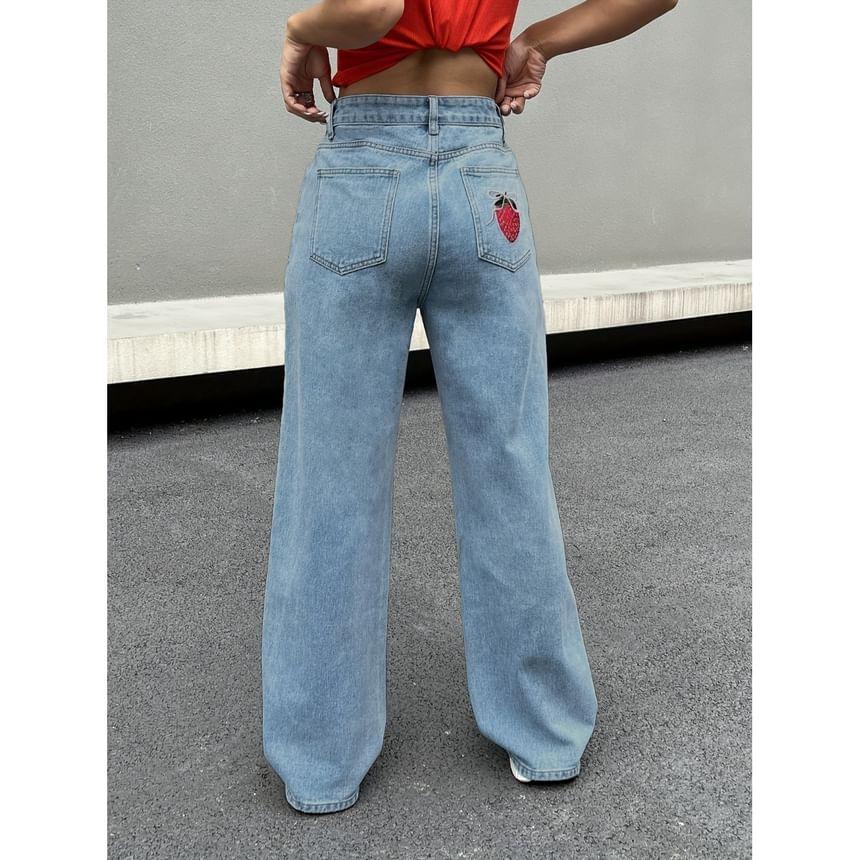 High Rise Strawberry Embroidered Wide Leg Jeans Product Image