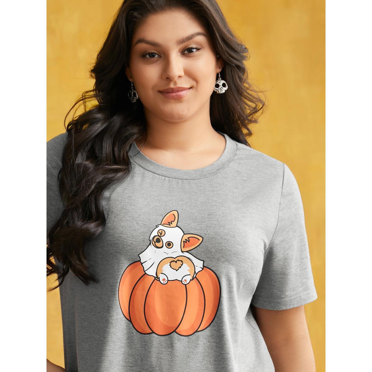 Plus Size Pumpkin & Corgi Printed Relaxed Fit T-shirt DarkGray Women Casual Non Halloween Round Neck Everyday T-shirts BloomChic 14-16/1X Product Image