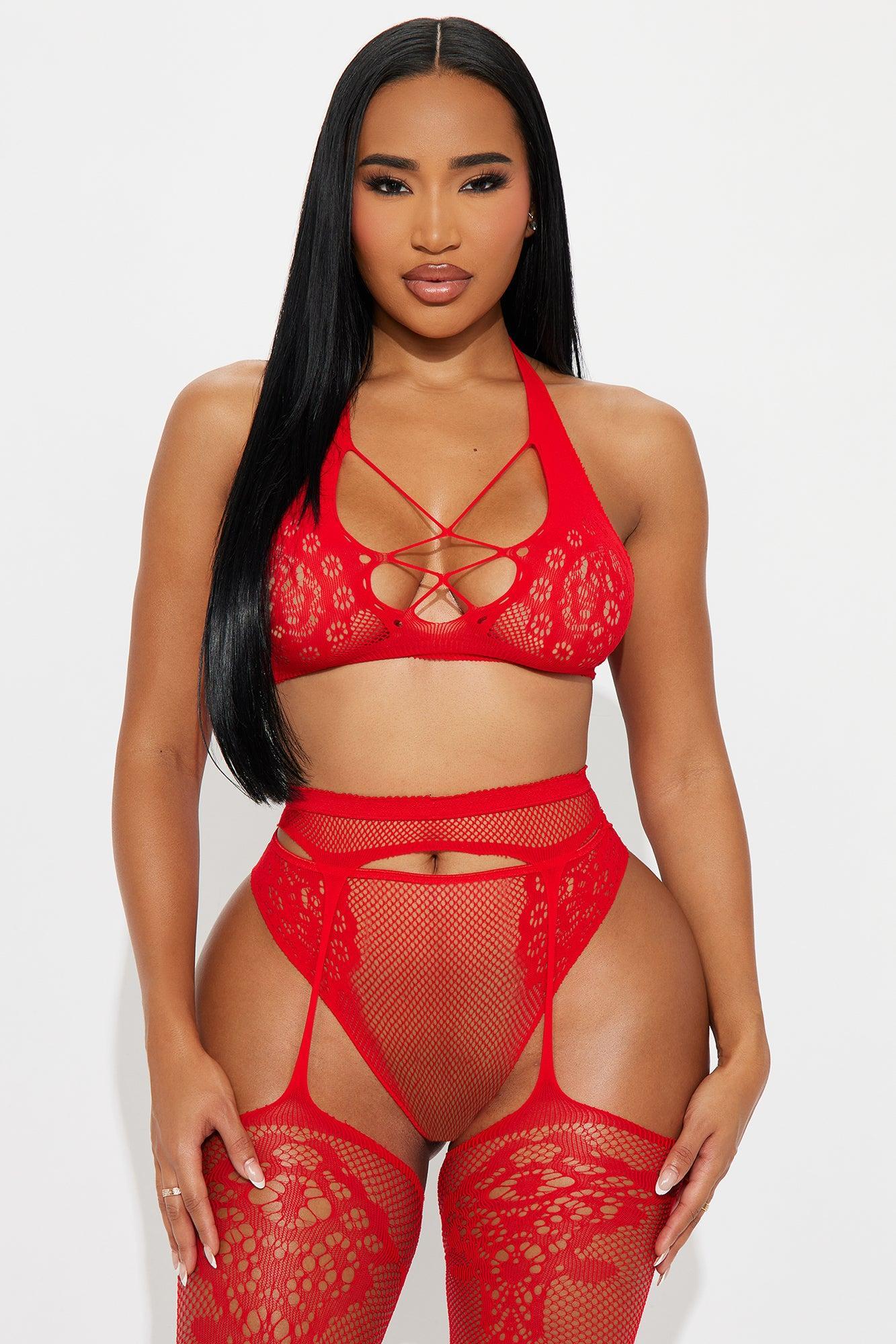 All Night Long Fishnet Lace Garter Bodystocking Set - Red Female Product Image