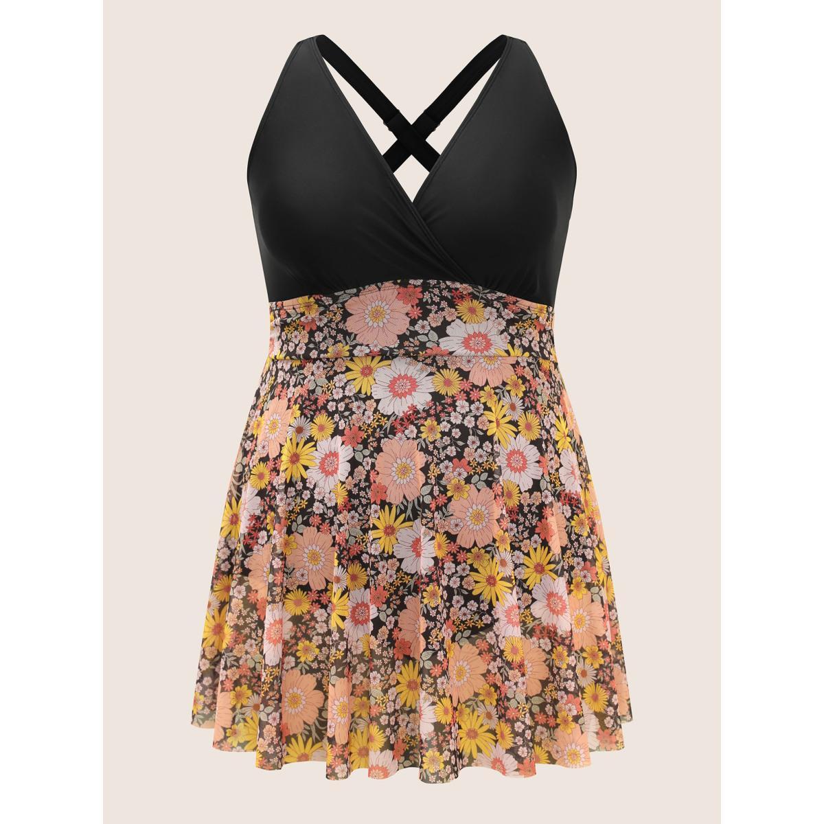 Plus Size Natural Flowers Patchwork Mesh Gathered Swim Dress Women's Swimwear Multicolor Beach Bodycon V-neck High stretch Curve Swim Dresses BloomChic 18-20/2X Product Image