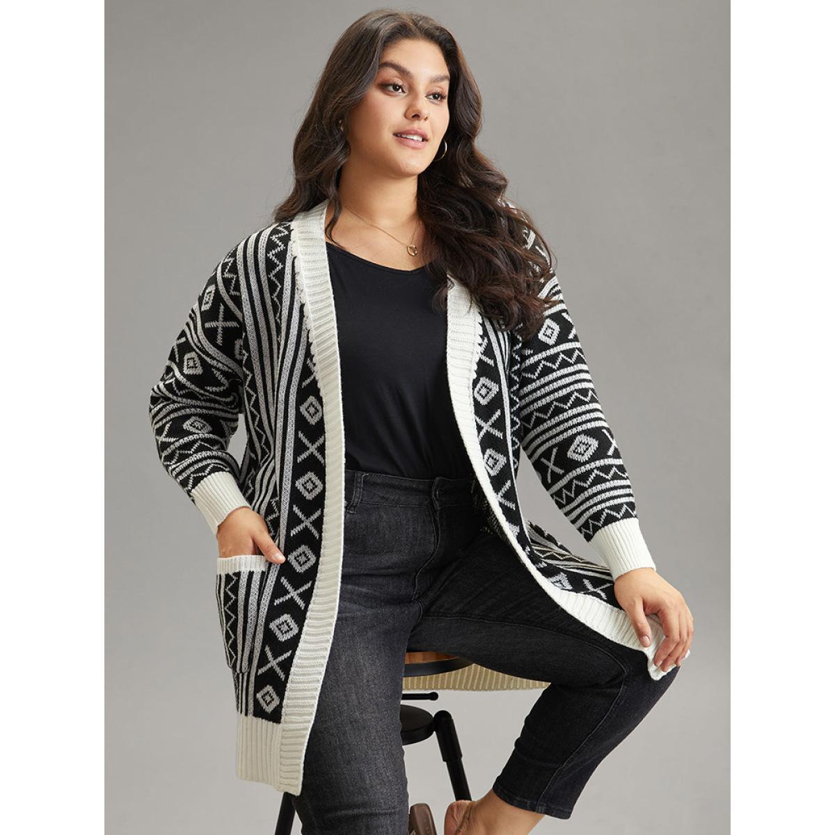 Plus Size Geometric Bandana Contrast Pocket Cardigan Black Women Casual Loose Long Sleeve Dailywear Cardigans BloomChic 30/6X Product Image