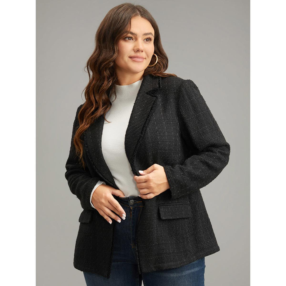 Plus Size Plain Tweed Plisse Pocket Button Through Blazer Black Women Dailywear Plain Texture Sleeve Long Sleeve Suit Collar 14-16/1X Pocket Elegant Blazers BloomChic Product Image