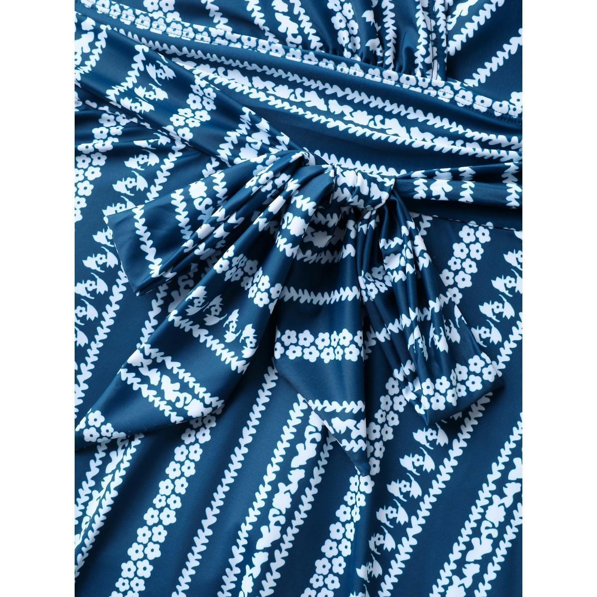Plus Size Anti-Float Ties Boho Belted Swim Dress Women's Swimwear Aegean Beach Bodycon Overlap Collar High stretch Curve Swim Dresses BloomChic 12/L Product Image