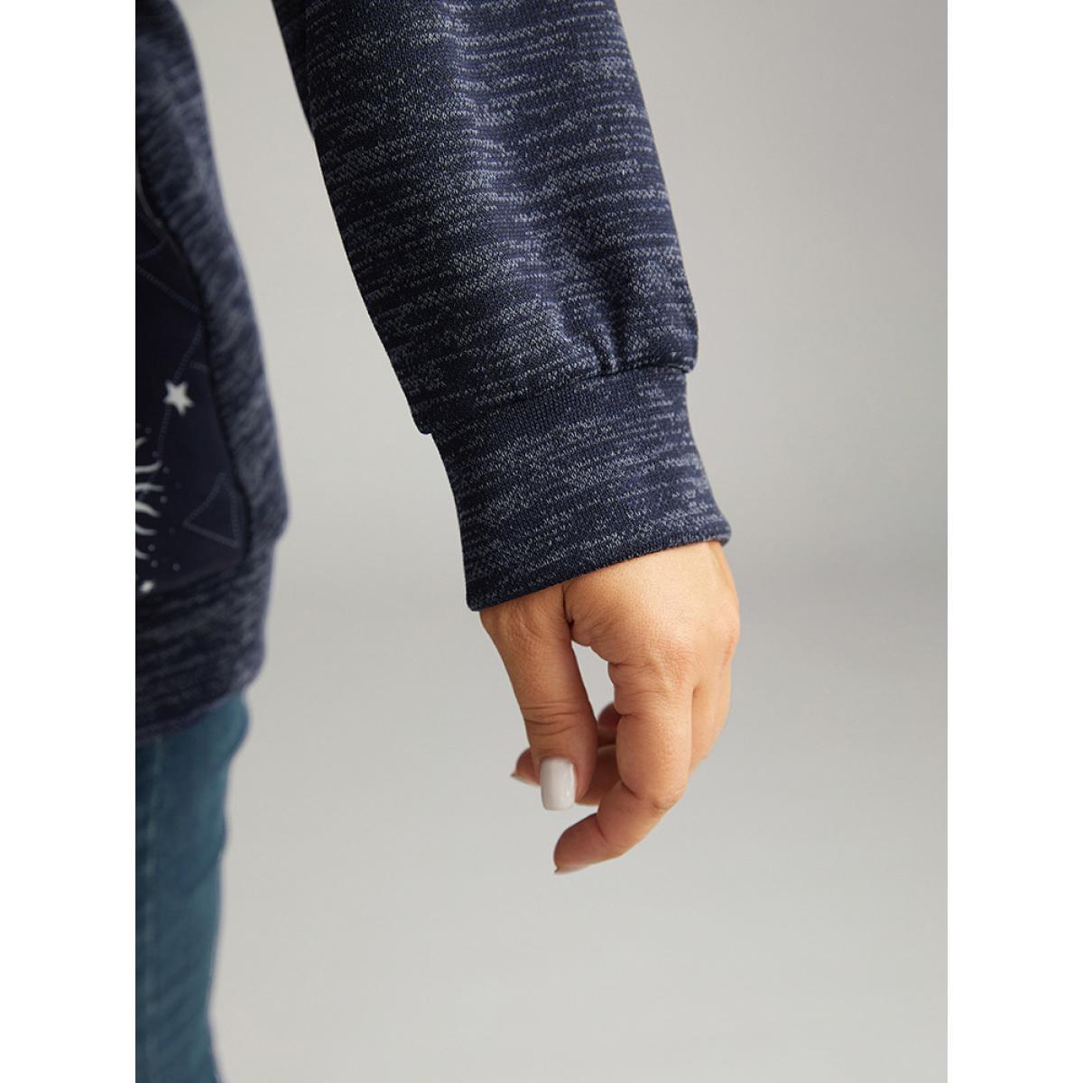 Plus Size Halloween Moon & Star Notched Raglan Sleeve Sweatshirt Women Indigo Casual Elastic cuffs Notched collar Festival-Halloween Sweatshirts BloomChic 18-20/2X Product Image