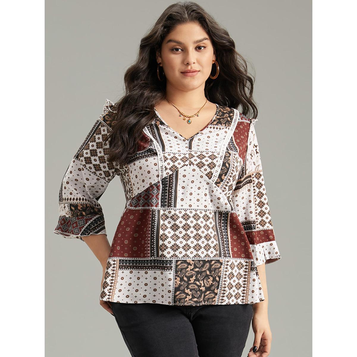 Plus Size Scarlet Moroccan Print Lace Panel Ruffles Frill Trim Blouse Women Vacation Elbow-length sleeve V-neck Vacation Blouses BloomChic 18-20/2X Product Image