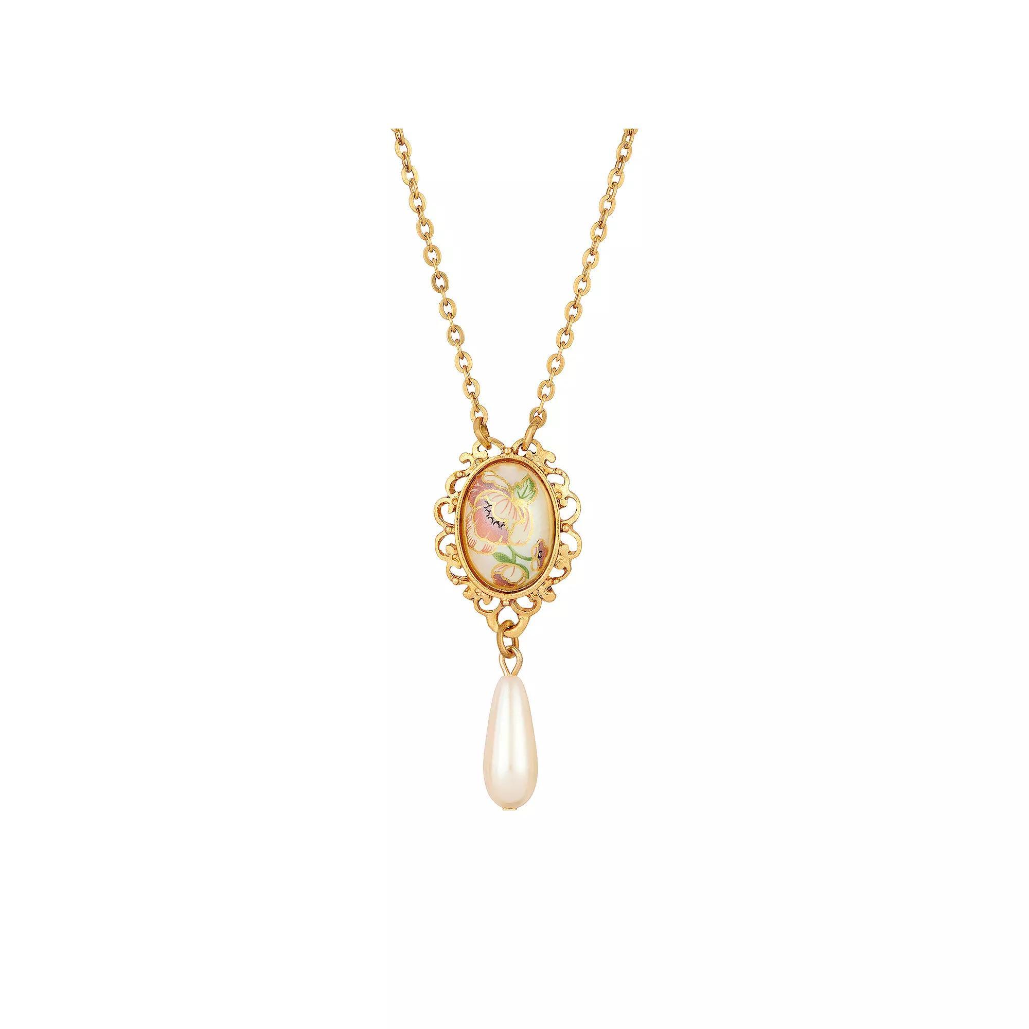 1928 Gold Tone Flower Decal Oval Drop Necklace, Womens, Multi Product Image