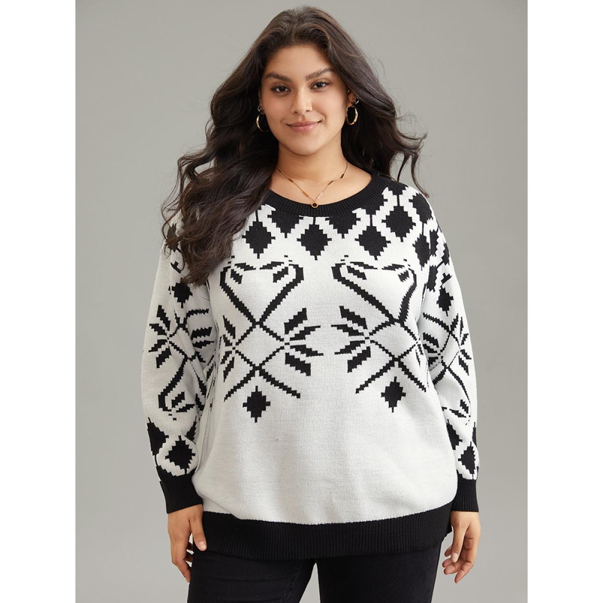 Plus Size Supersoft Essentials Geometric Jacquard Crew Neck Pullover Black Women Casual Loose Long Sleeve Round Neck Dailywear Pullovers BloomChic 22-24/3X Product Image