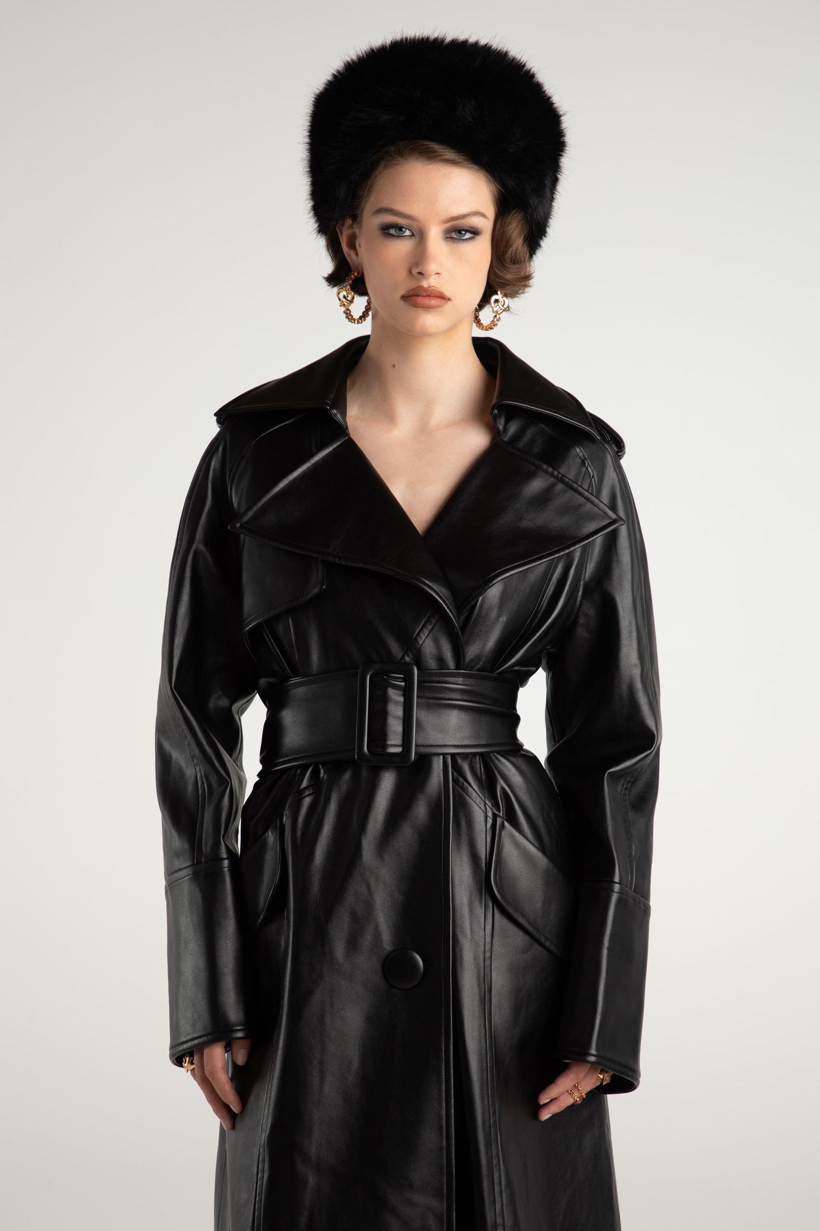 Cara Leather Trench Coat (Black) (Final Sale) Product Image