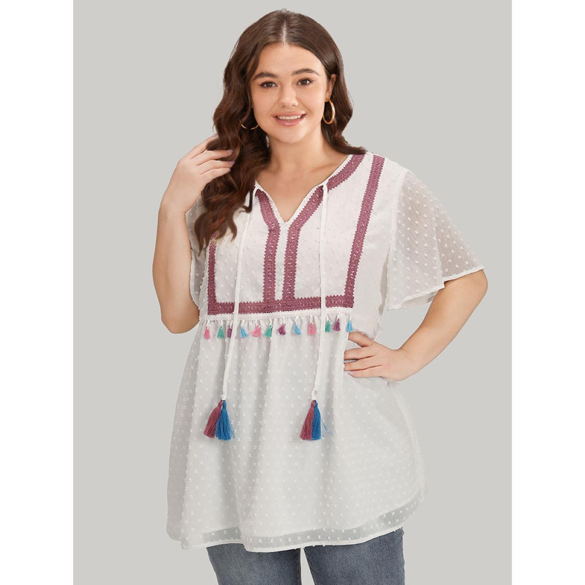 Plus Size White Polka Dot Tassels Ties Mesh Patchwork Contrast Blouse Women Vacation Short sleeve V-neck Dailywear Blouses BloomChic 18-20/2X Product Image