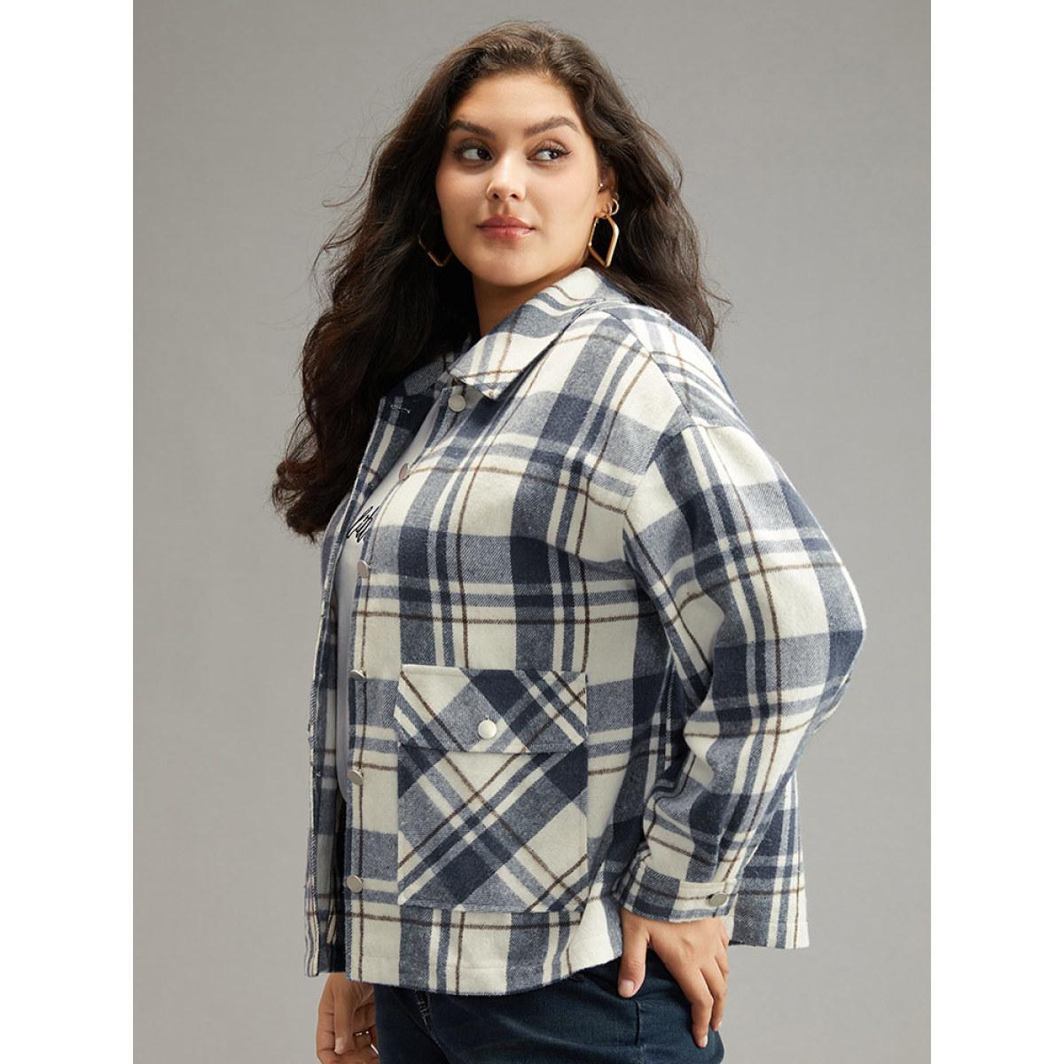 Plus Size Plaid Lapel Collar Metal Detail Pocket Shacket Women DarkBlue Casual Contrast Ladies Everyday Winter Coats BloomChic 14-16/1X Product Image
