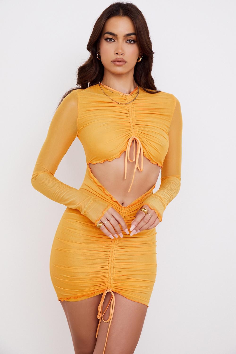 Jeanelle  orange ruched mesh long sleeve cutout mini dress - sale Product Image