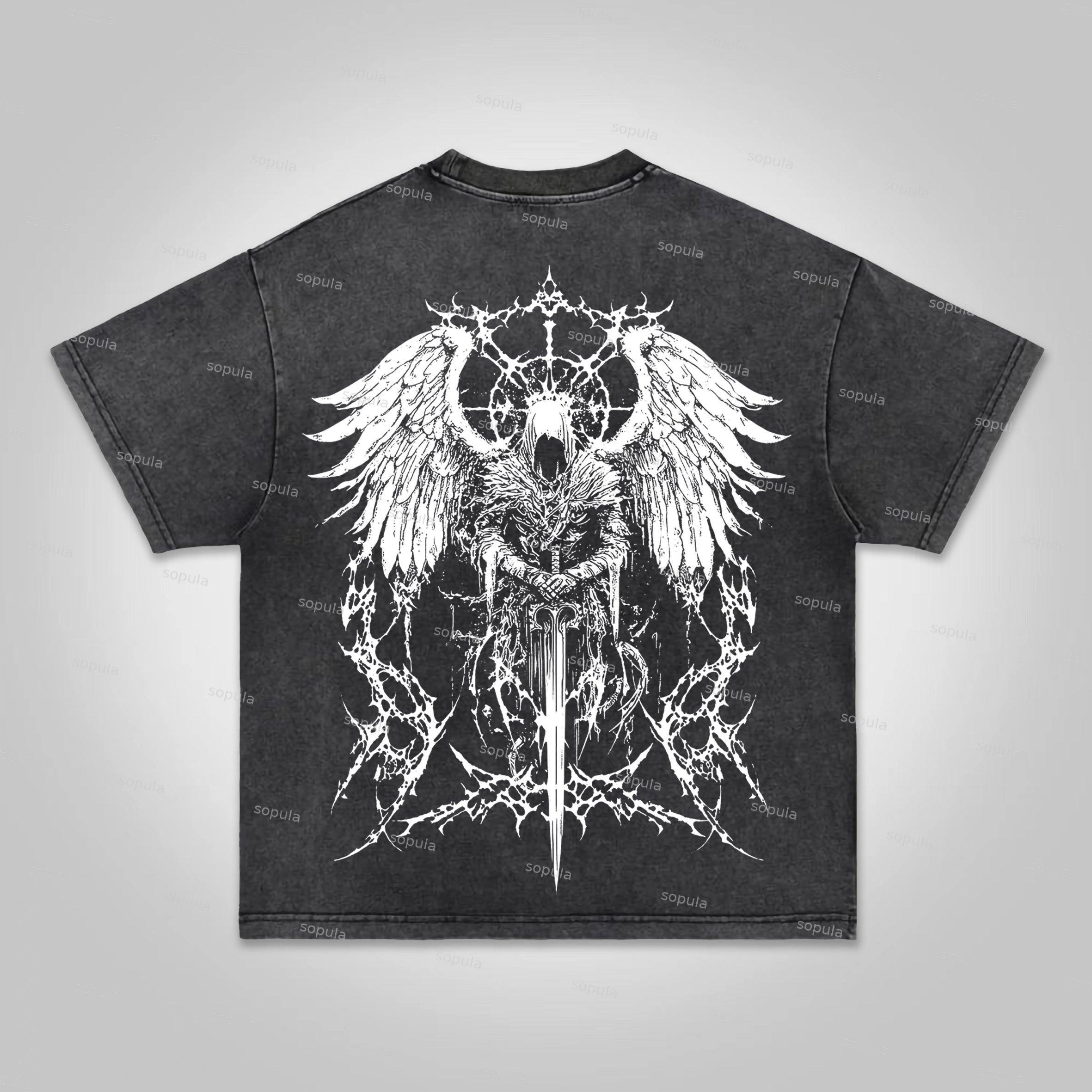 Sopula Vintage Angel Pattern Cross Faith Print Acid Washed T-shirt Product Image