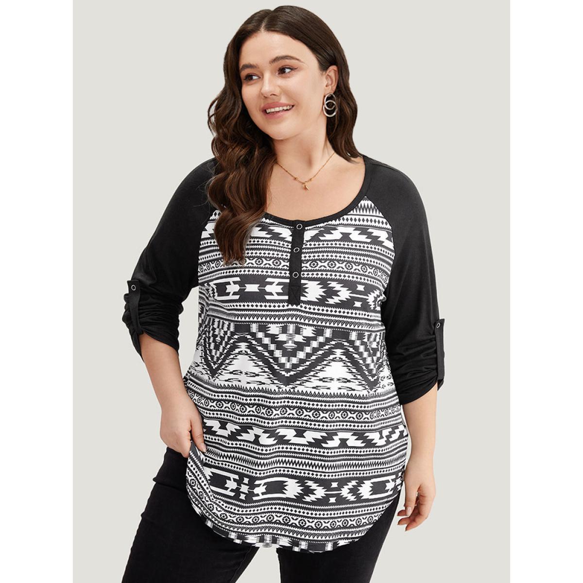 Plus Size Geometric Patchwork Button Down T-shirt Black Women Casual Contrast Geometric Open Front Dailywear T-shirts BloomChic 30/6X Product Image
