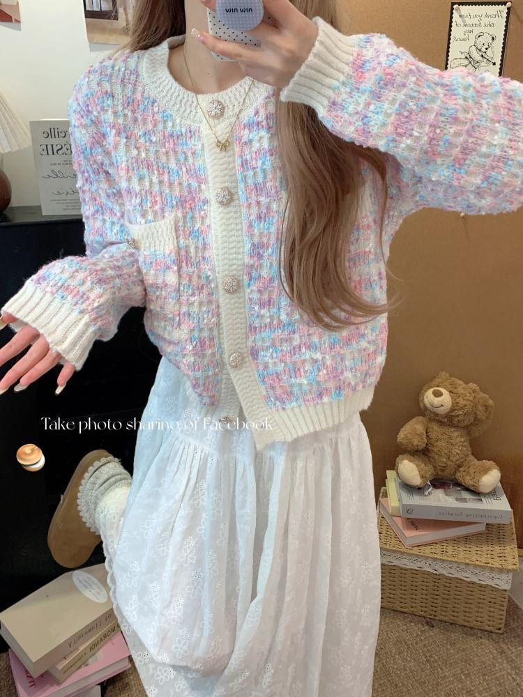 Round Neck Color Block Contrast Trim Cardigan Product Image