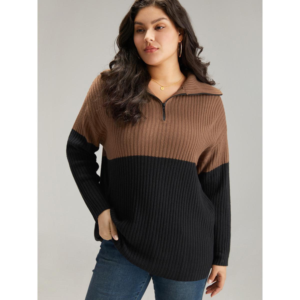 Plus Size Colorblock Contrast Half Zip Lapel Collar Pullover Black Women Casual Loose Long Sleeve Lapel Collar Dailywear Pullovers BloomChic 10/M Product Image