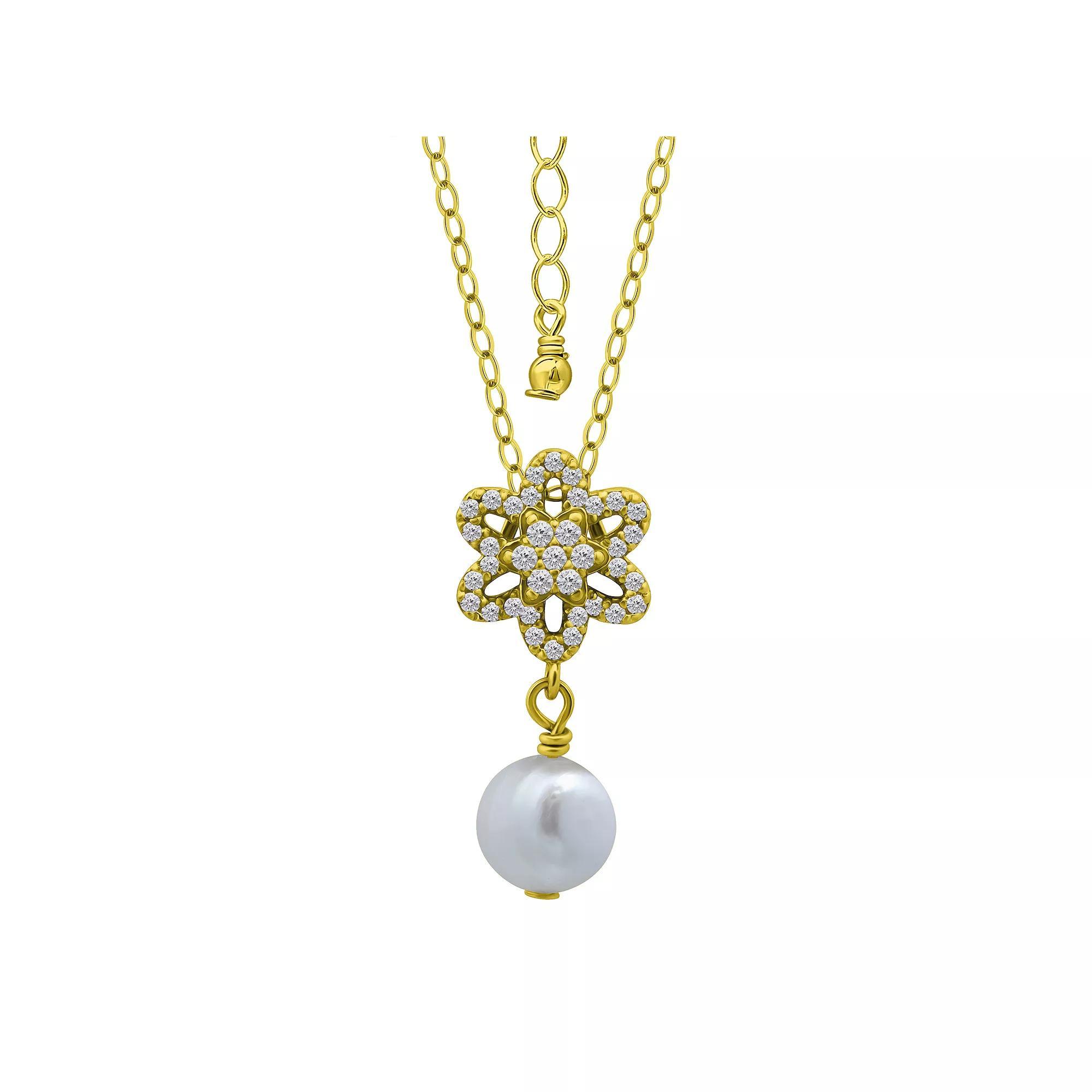 Aleure Precioso Sterling Silver Freshwater Cultured Pearl Drop Celestial Pendant Necklace, Women's, Gold Tone Product Image
