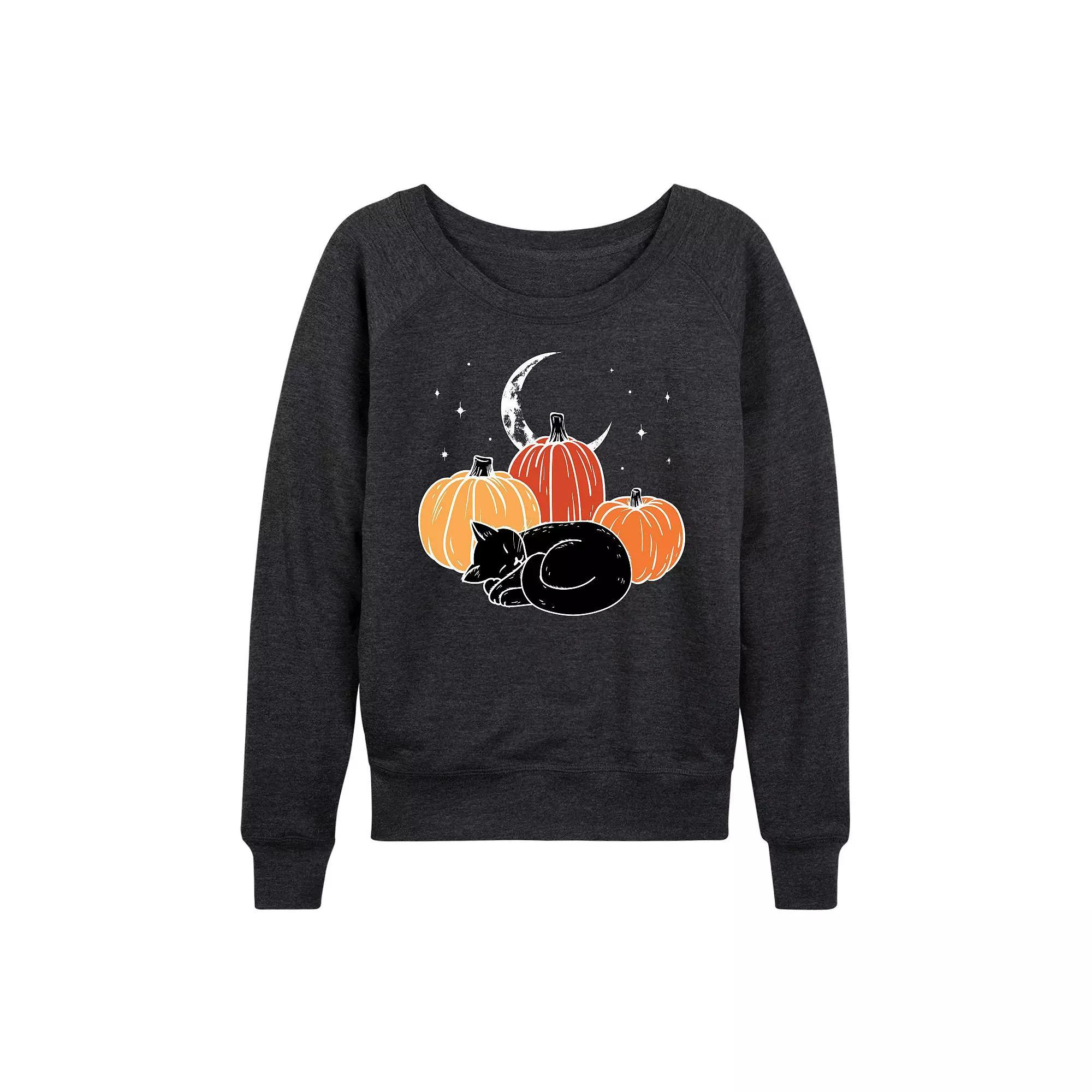 Women's Black Cat Pumpkin Nap French Terry Long Sleeve Tee, Size: XXL, Grey Indigo Product Image