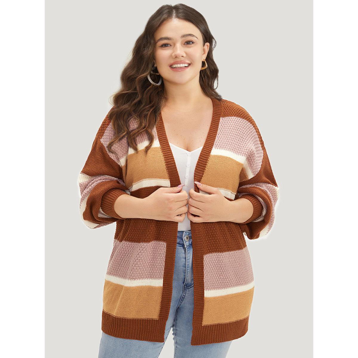 Plus Size Striped Contrast Elastic Cuffs Cardigan Multicolor Women Casual Loose Long Sleeve Dailywear Cardigans BloomChic 26/4X Product Image