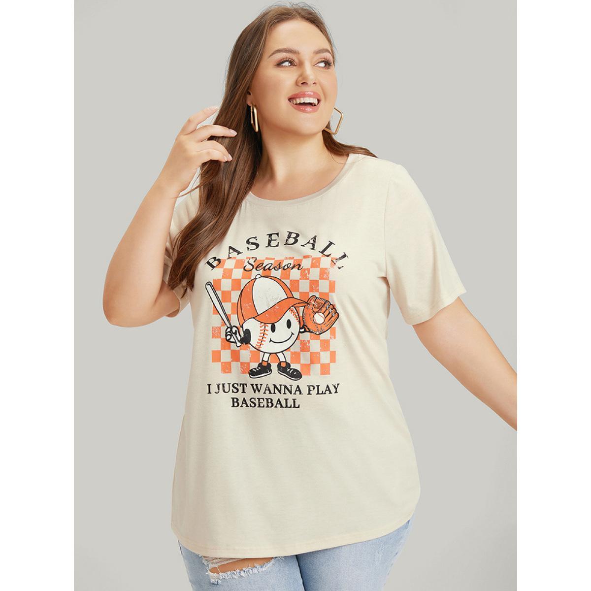 Plus Size Cartoon & Letter Print Crew Neck Graphic T-shirt Apricot Women Casual POP culture Dailywear T-shirts BloomChic 30/6X Product Image