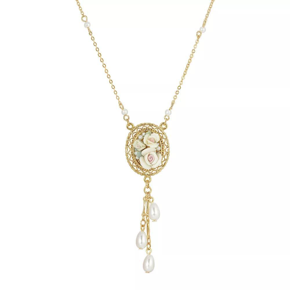 1928 Gold Tone Porcelain Rose Pendant Necklace with Simulated Pearl Drops, Womens, White Product Image