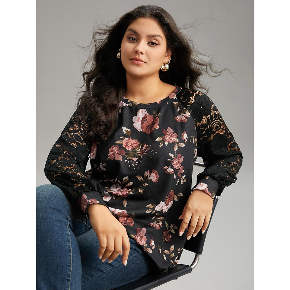 Plus Size Floral Lace Panel Raglan Sleeve Sweatshirt Women Black Elegant Printed Round Neck Dailywear Sweatshirts BloomChic 22-24/3X Product Image