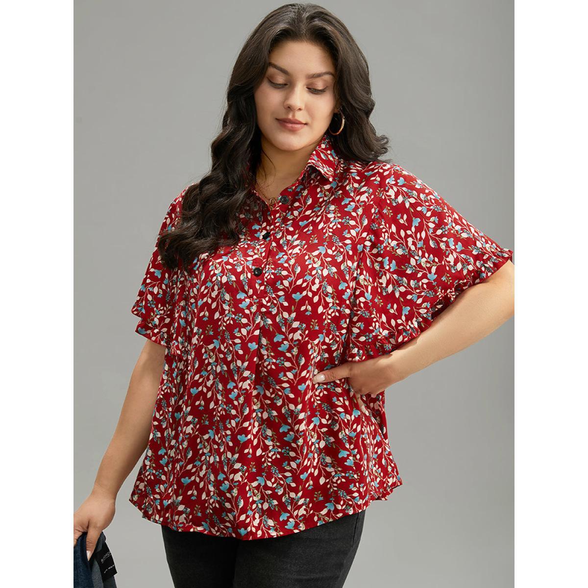 Plus Size Maroon Ditsy Floral Shirt Collar Button Through Ruffle Sleeve Blouse Women Elegant Short sleeve Shirt collar Dailywear Blouses BloomChic 14-16/1X Product Image