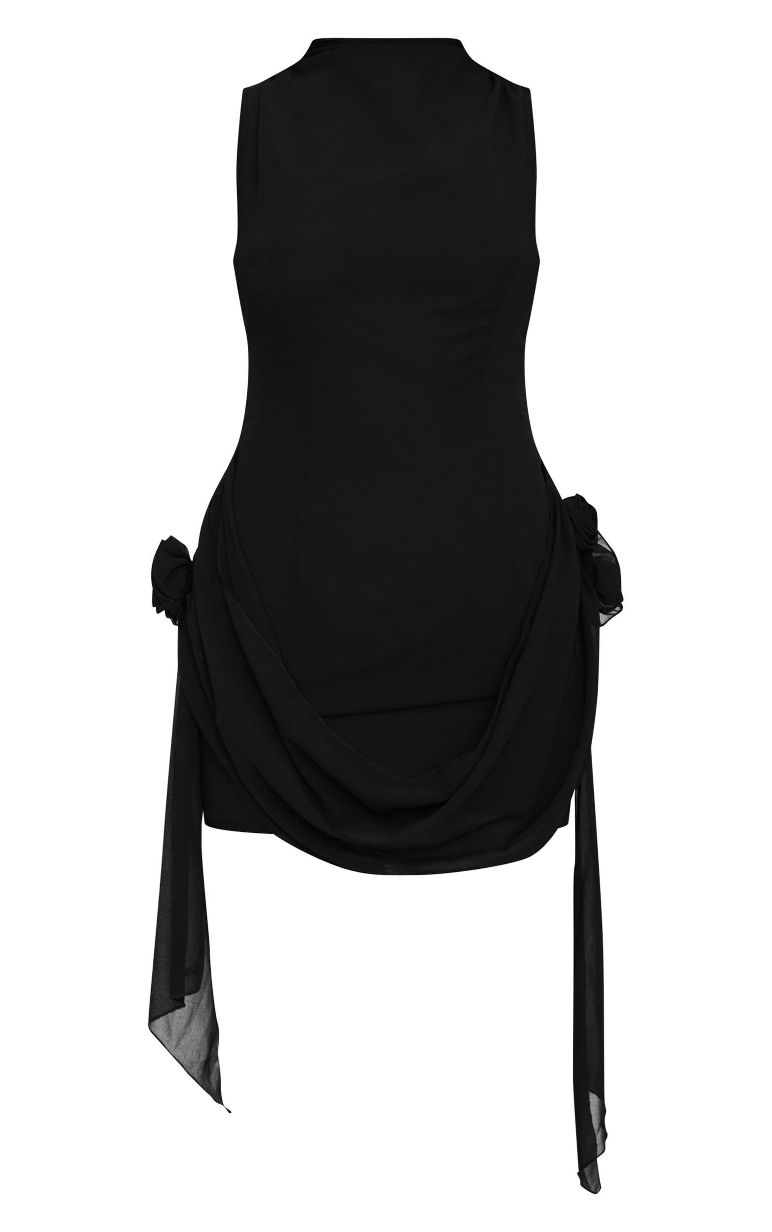 Black Chiffon Boat Neck Drape Detail Mini Dress Product Image