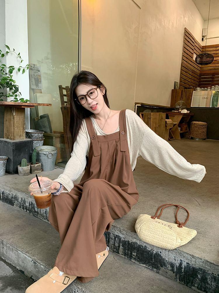 Long-Sleeve Round Neck Plain T-Shirt / Wide Leg Jumpsuit Product Image