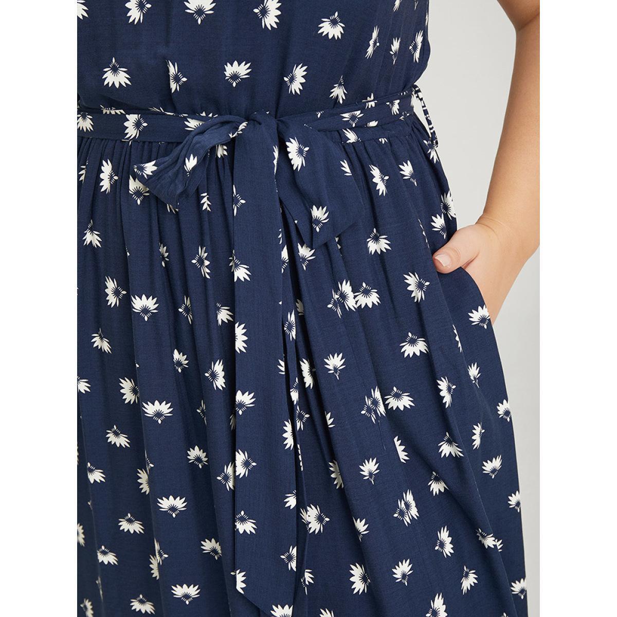 Plus Size Boho Print Knot Halter Pocket Belted Split Dress Indigo Women Vacation Gathered Halter neck Sleeveless Curvy Midi Dress BloomChic 30/6X Product Image