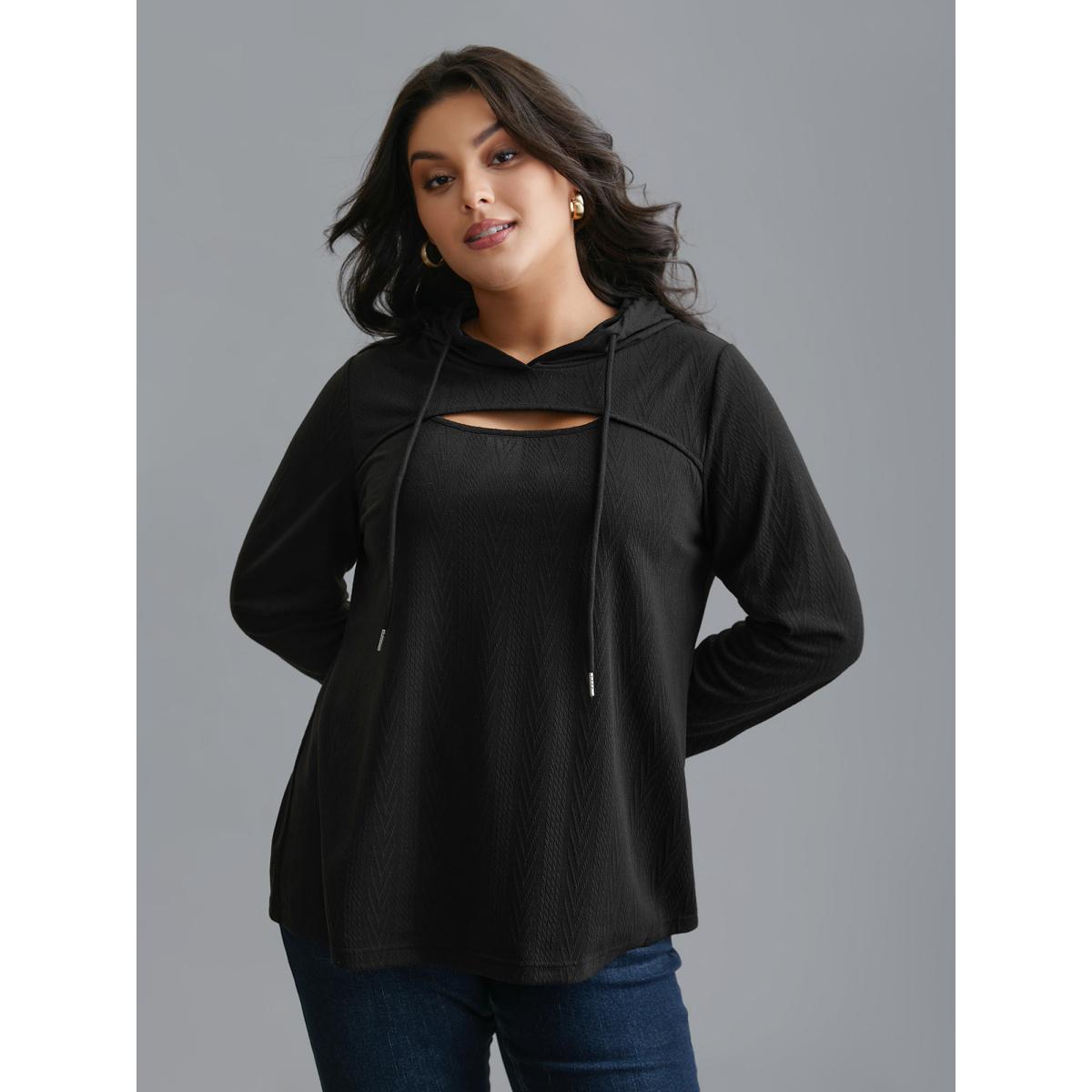 Plus Size Neck Cut-Out Elastic Textured Hoodie Women Black Elegant Texture Bodycon Hooded Everyday Sweatshirts BloomChic 22-24/3X Product Image