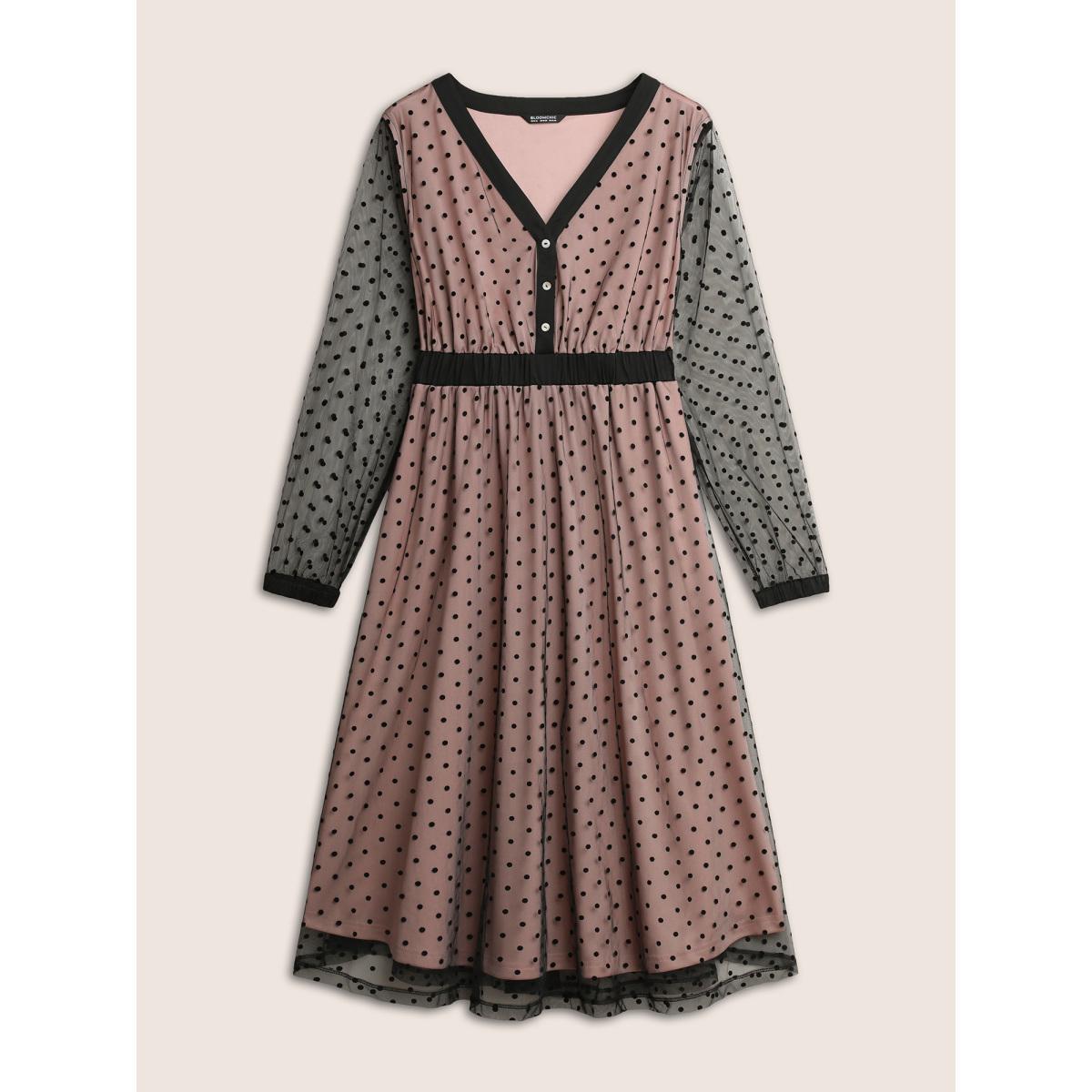 Plus Size Flocking Polka Dot Tiered Mesh Dress DustyPink Women At the Office Non V-neck Long Sleeve Curvy Midi Dress BloomChic 14-16/1X Product Image