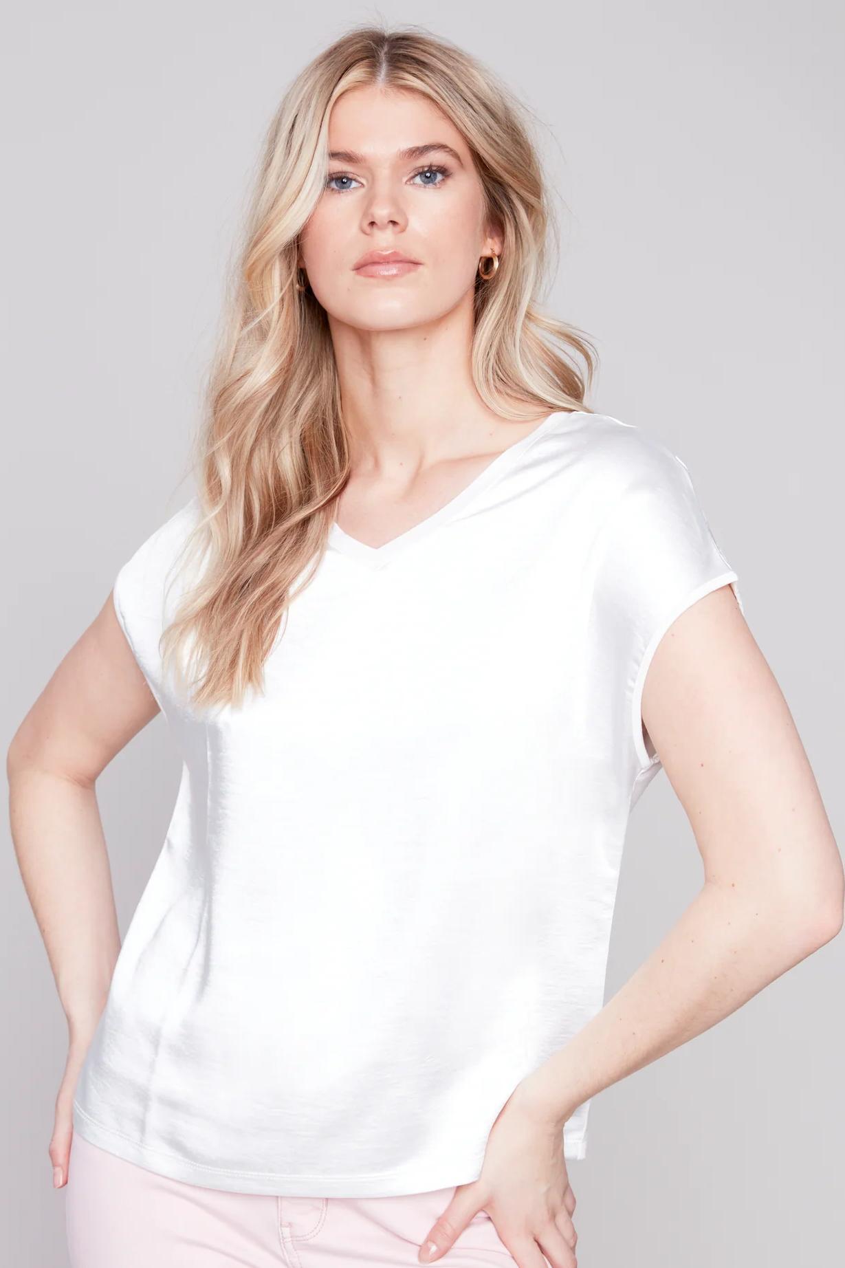 Short sleeve tin and jersey knit top Product Image