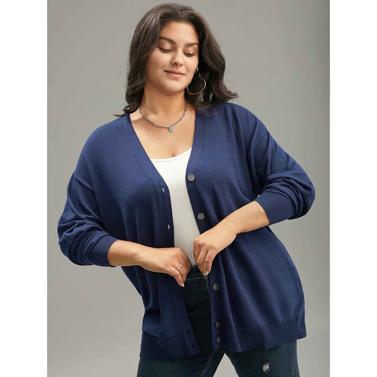 Plus Size Supersoft Essentials Plain Button Up Elastic Cuffs Cardigan Indigo Women Casual Loose Long Sleeve Everyday Cardigans BloomChic 10/M Product Image