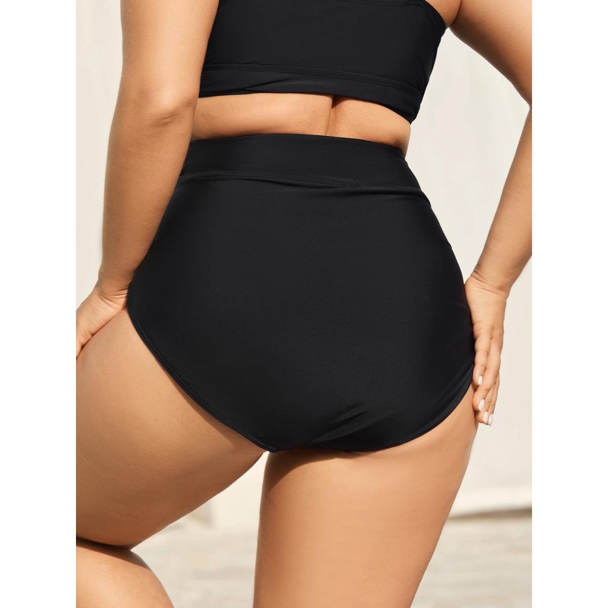 Plus Size Cross High Waist Ruched Swim Bottoms Women's Swimwear Black Beach Overlapping High stretch Skinny High Rise Curve Swim Bottoms BloomChic 28/5X Product Image